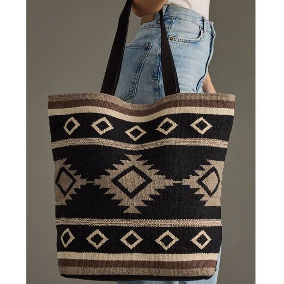 Western Boho Aztec Woven Cotton Shopper Tote Black Taupe Cream Brown Pom Tassel - Picture 1 of 4